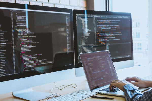 developer programming and coding technology. Website design Safety of the social world Cyberspace concept.